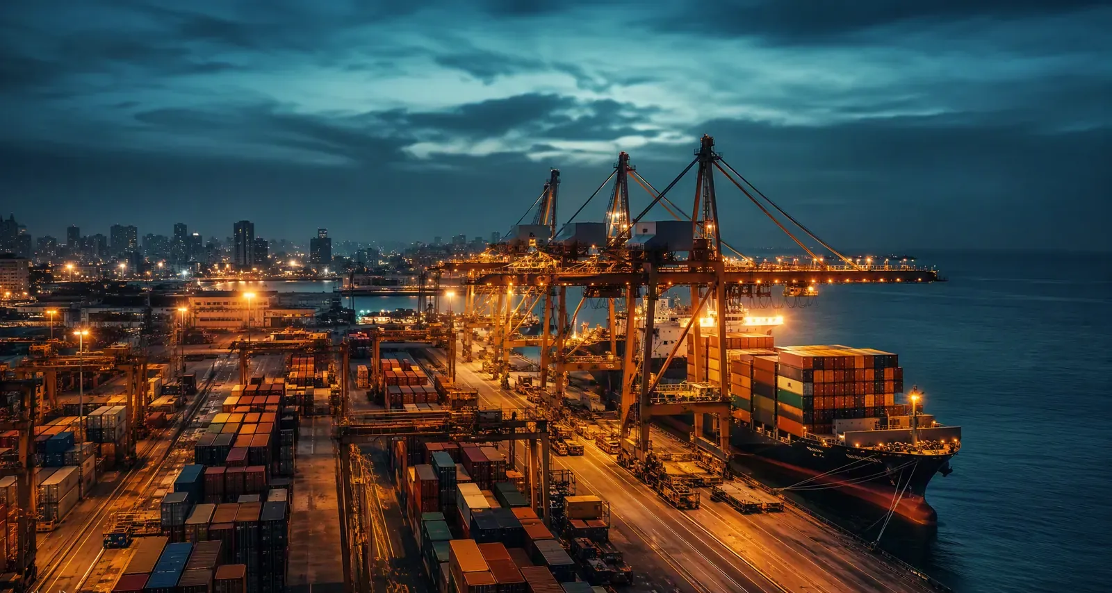 Alexandria container port at dusk — cranes loading a cargo ship