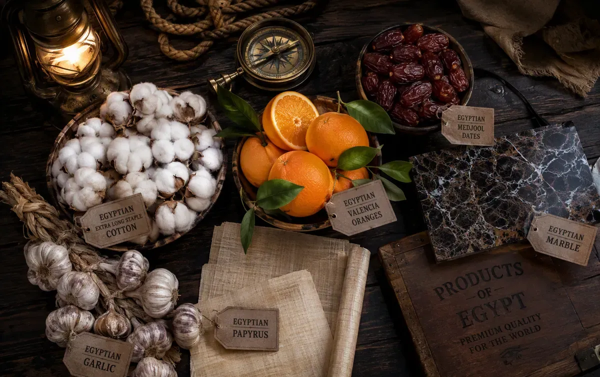 Egyptian export products: cotton, citrus, dates and marble