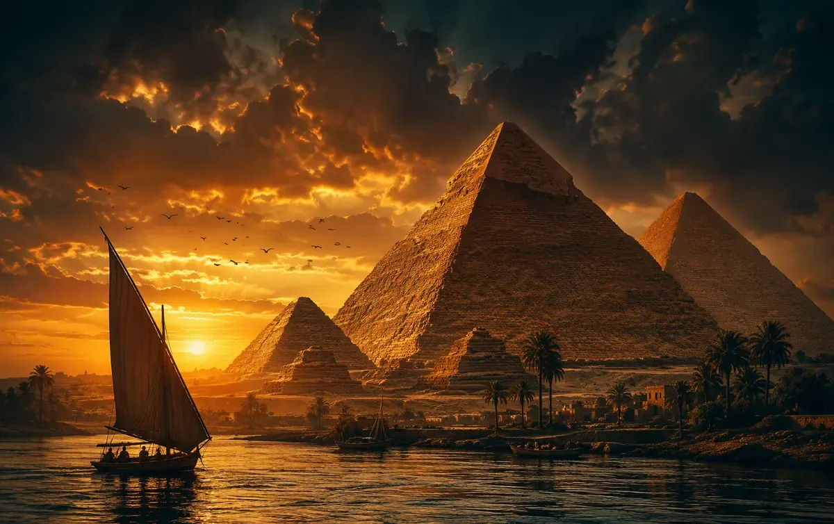 Giza pyramids at golden sunset on the Nile